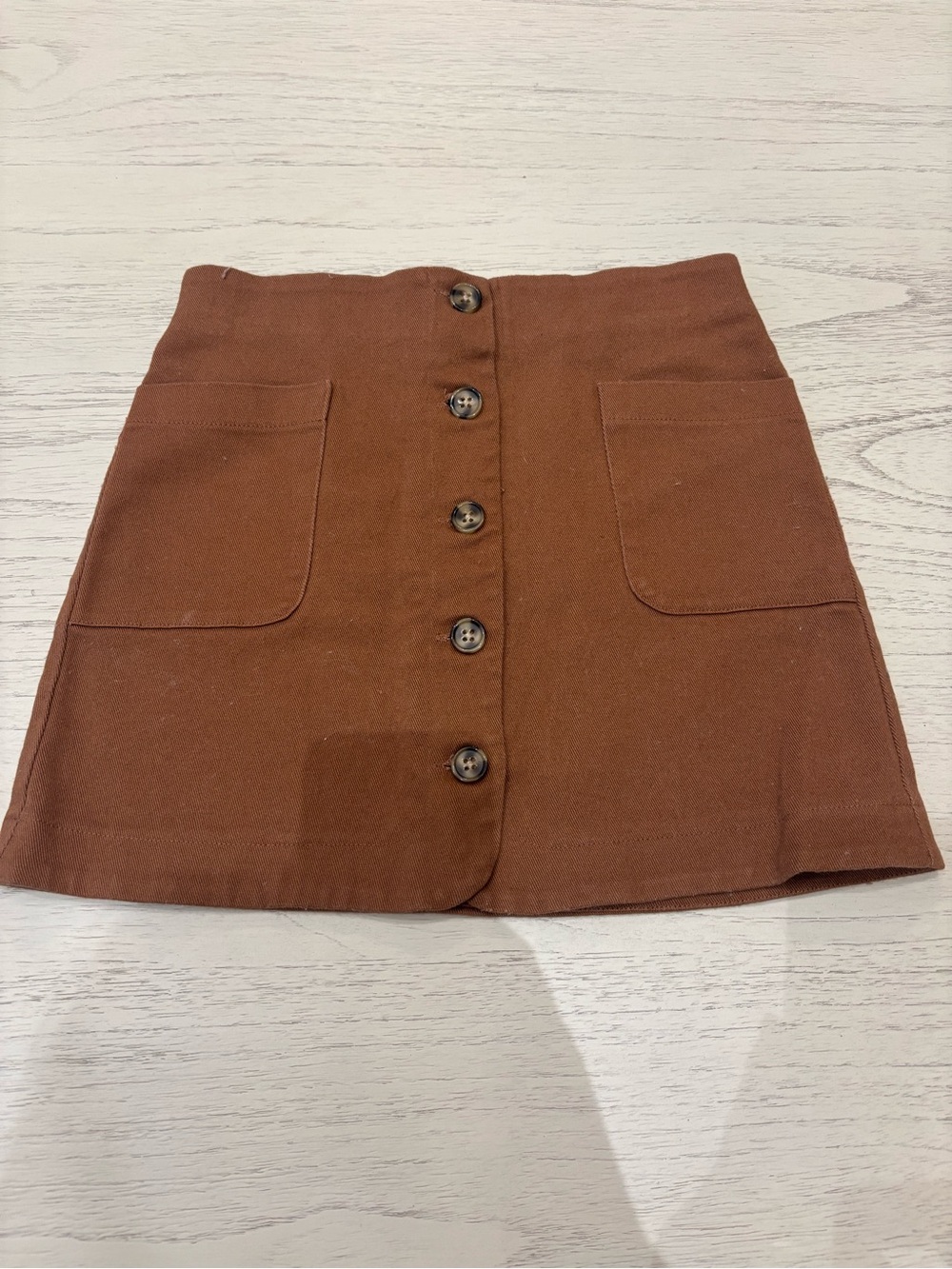 Copper Key Rust Brown Button-Front Mini Skirt